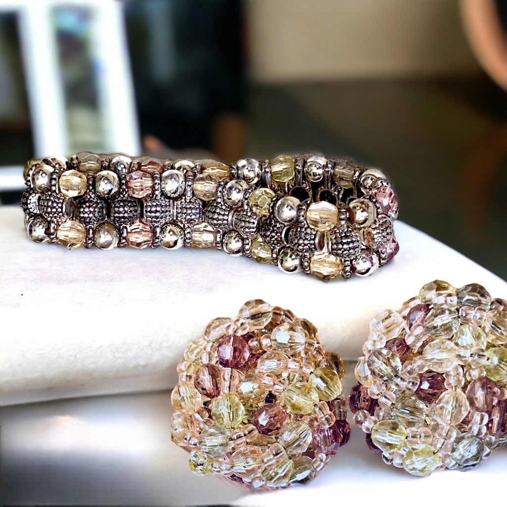 Vintage Set Faceted Crystal Cluster Bead Clip-On Earrings + Stretch Bracelet